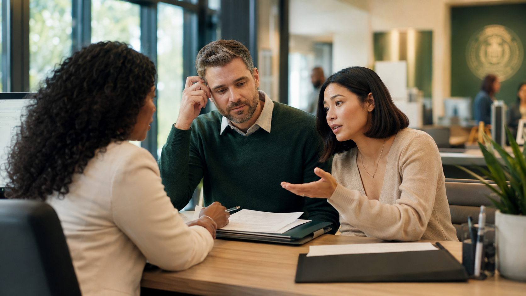 Expat relying on a bilingual companion during an official appointment abroad.