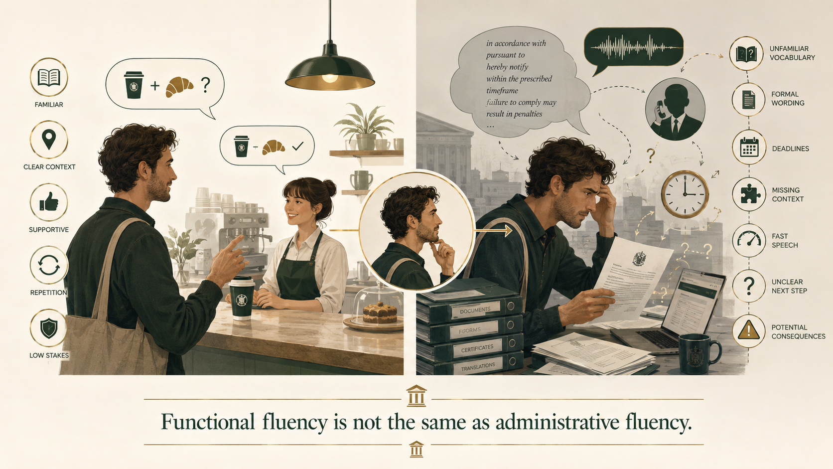 Infographic comparing the low language demands of everyday conversation with the higher precision required for bureaucracy abroad.