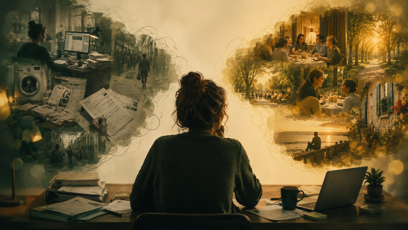 Conceptual image showing an expat comparing the full difficulties of current life abroad with a selectively positive memory of life back home.