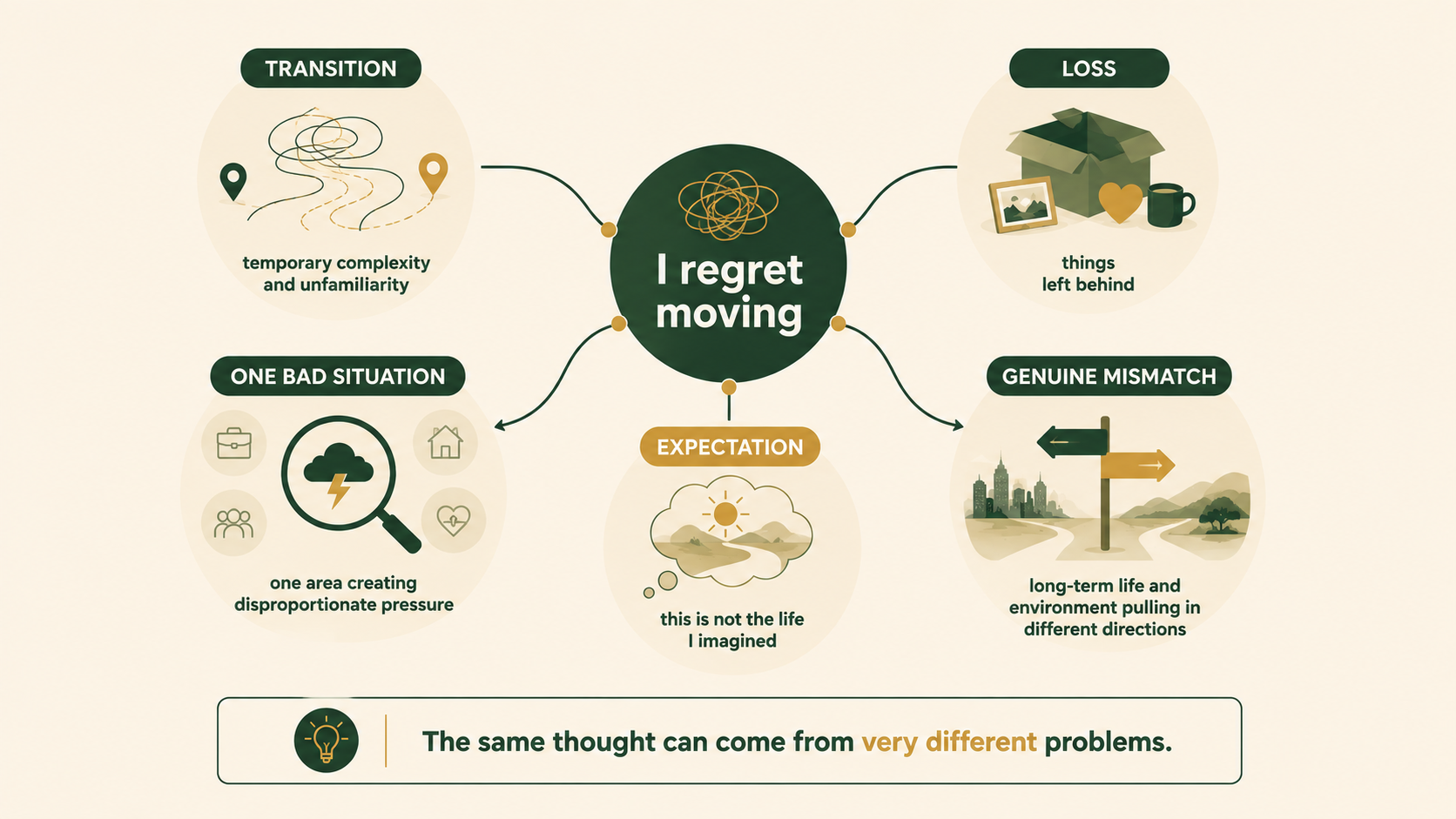 Infographic showing four different sources of regret after moving abroad: transition stress, loss, one difficult situation and genuine mismatch.
