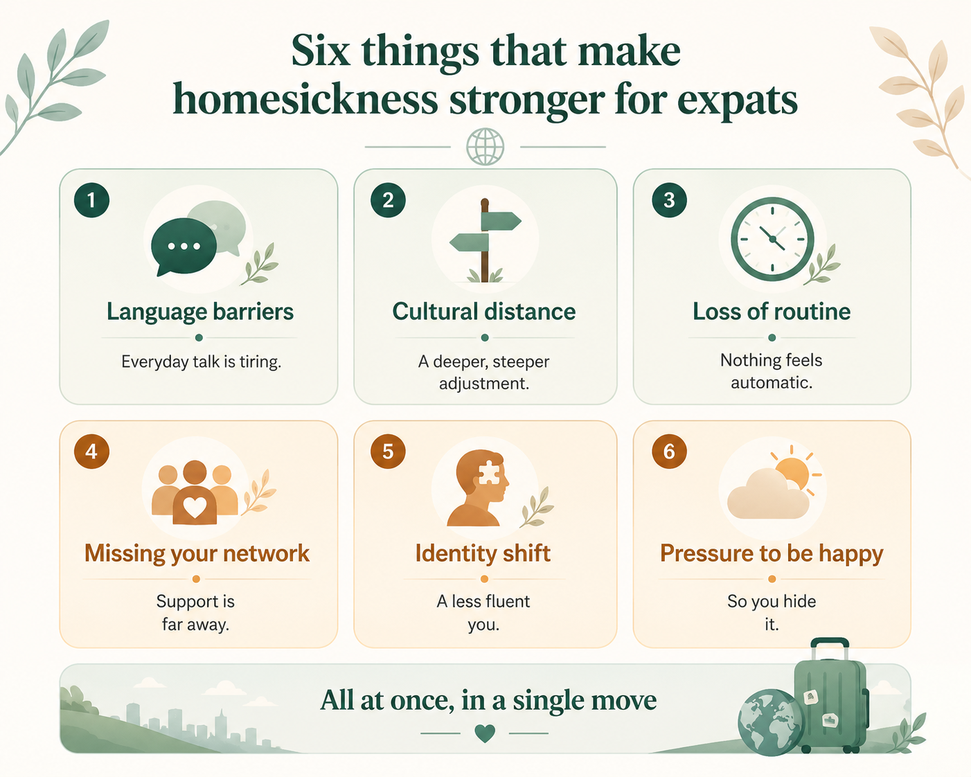 Six common factors that can intensify homesickness for expats: language barriers that make everyday communication exhausting, cultural differences that require significant adjustment, disruption of familiar routines, separation from established support networks, changes in personal identity during adaptation to a new environment, and pressure to appear happy despite emotional struggles. Together, these challenges often occur simultaneously after relocation, increasing feelings of loneliness, stress, and disconnection from home.