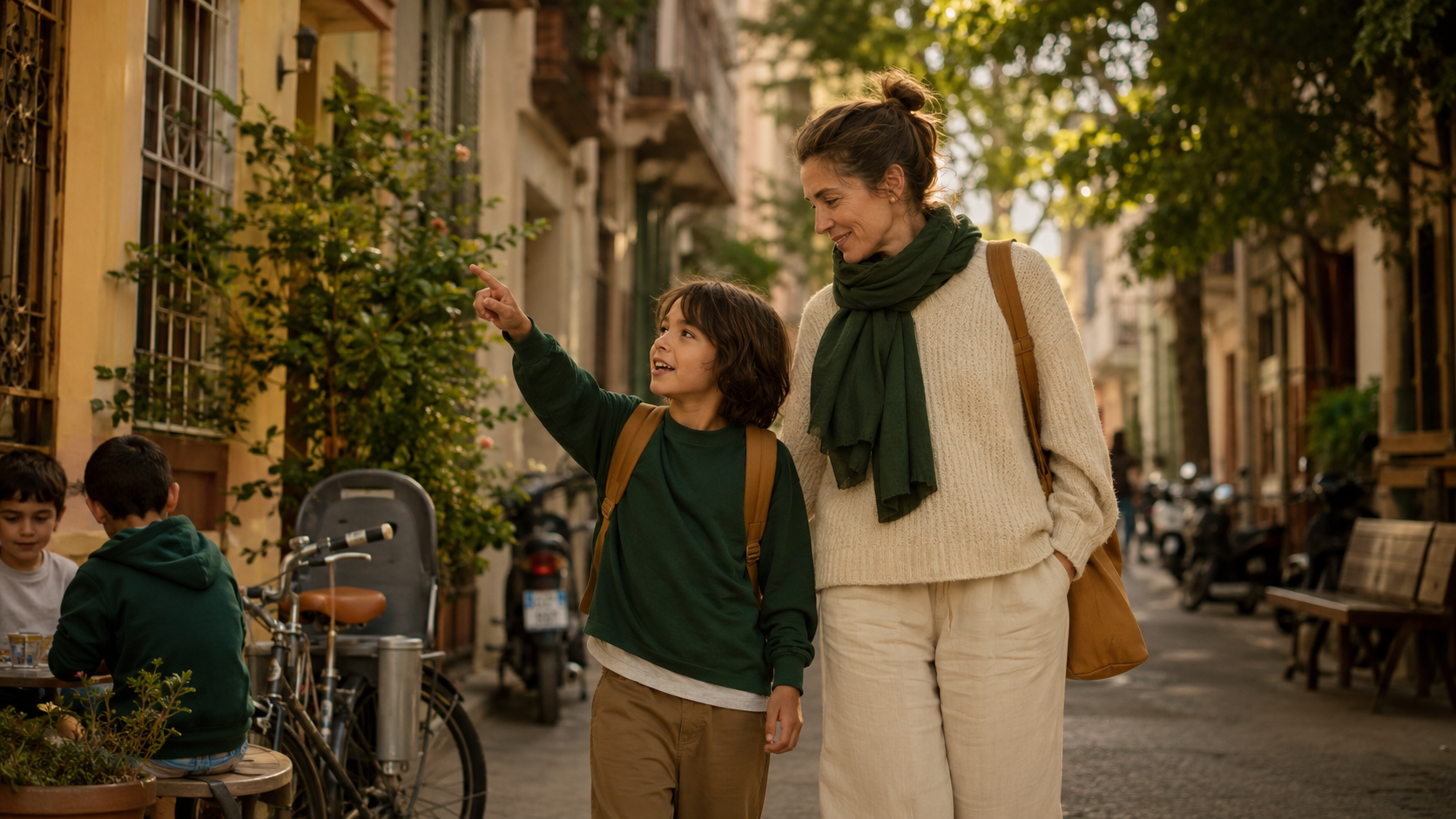 Expat parent and child walking through their local neighborhood as the child shows a more instinctive familiarity with the host culture.