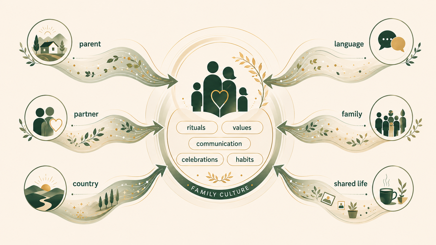 Conceptual graphic showing an international family combining selected cultural influences into its own shared values, traditions and routines.