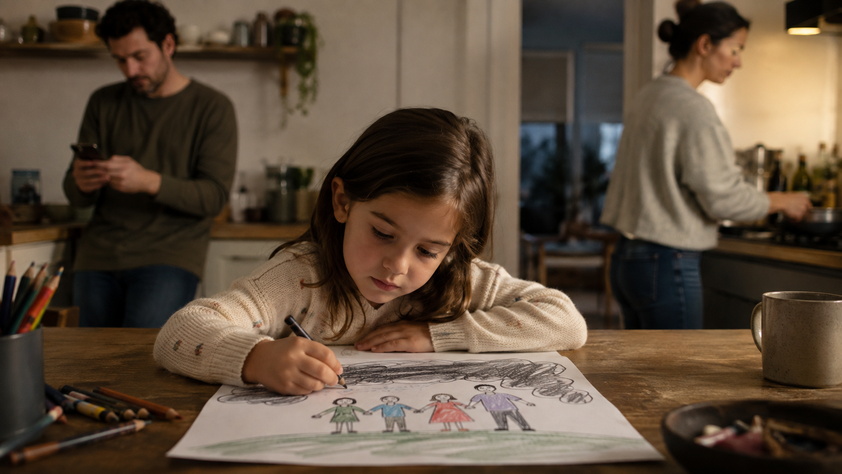Child drawing at the kitchen table while quietly noticing tension and work distraction between adults in the background.