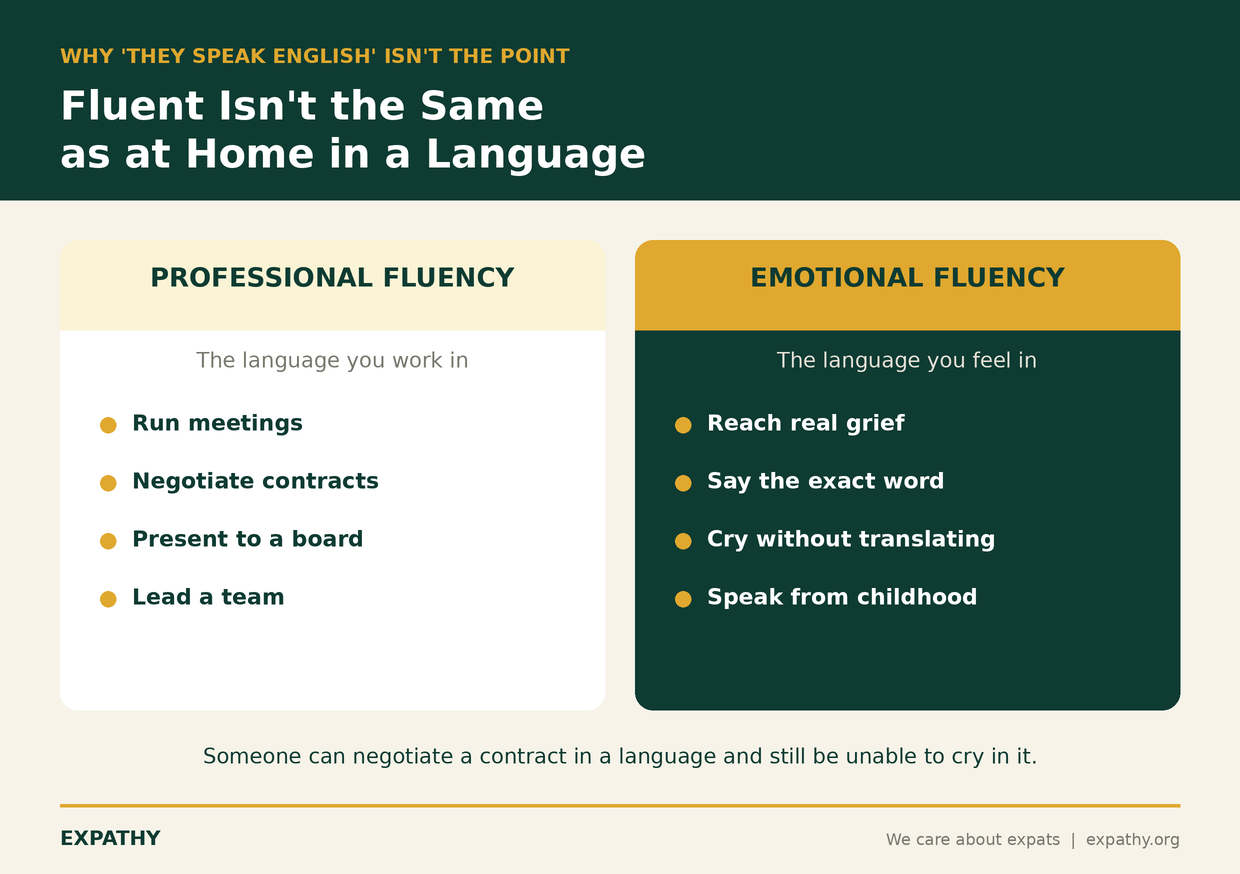 Two-column comparison contrasting professional fluency (running meetings, negotiating contracts, presenting) with emotional fluency (reaching grief, saying the exact word, crying without translating), illustrating that the language you work in is not always the language you feel in
