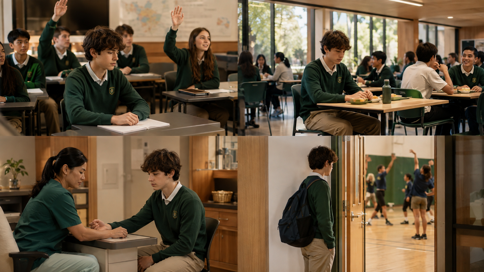 International student showing several subtle changes across class, lunch, the nurse’s office and extracurricular activities.