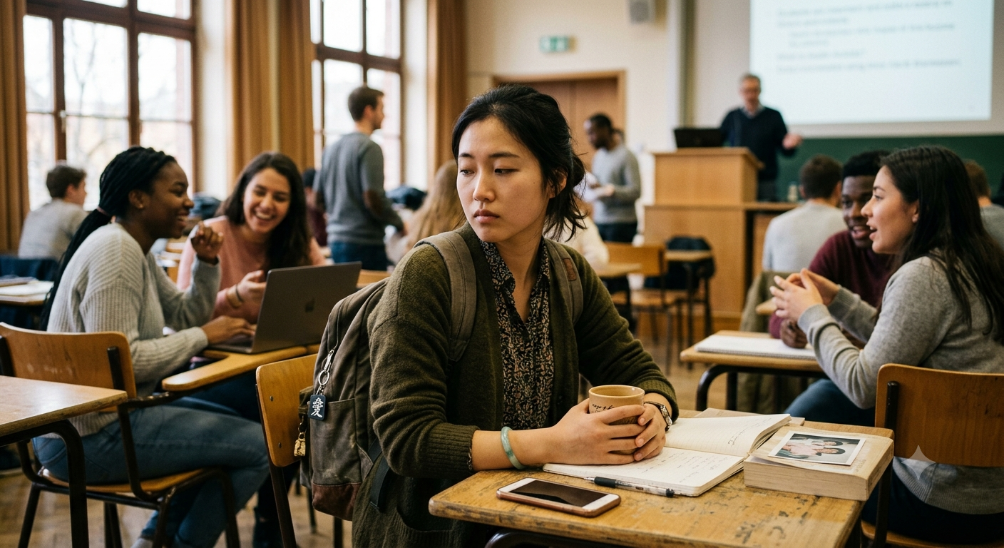 an international student sitting among classmates but emotionally disconnected
