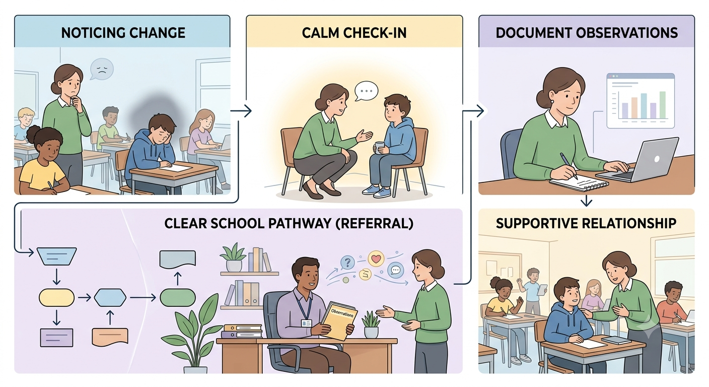 Create a clean editorial infographic showing a teacher noticing a behavioural change, checking in calmly, documenting what they observed, referring through a clear school pathway, and returning to a supportive classroom relationship.
