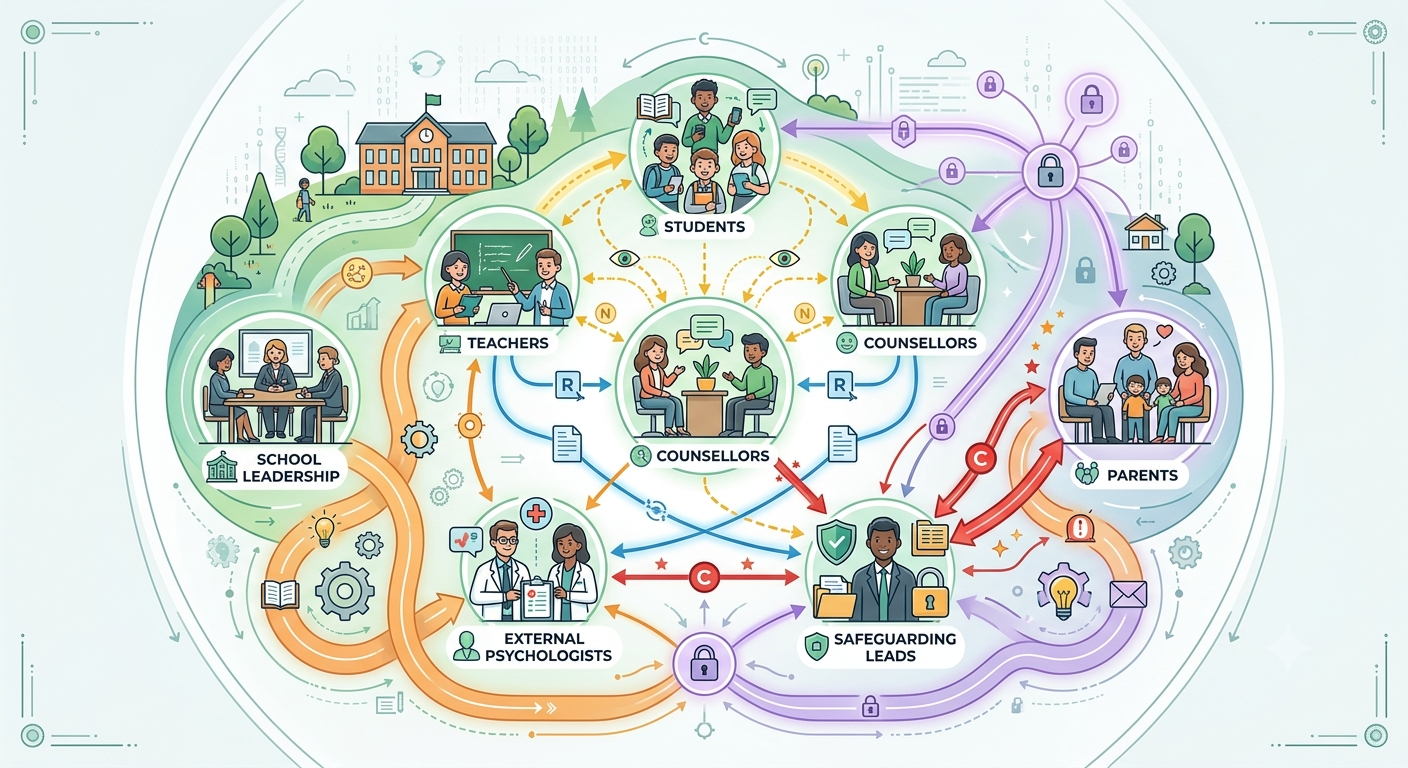 infographic showing students, teachers, counsellors, safeguarding leads, parents, external psychologists, and school leadership connected through a clear support network