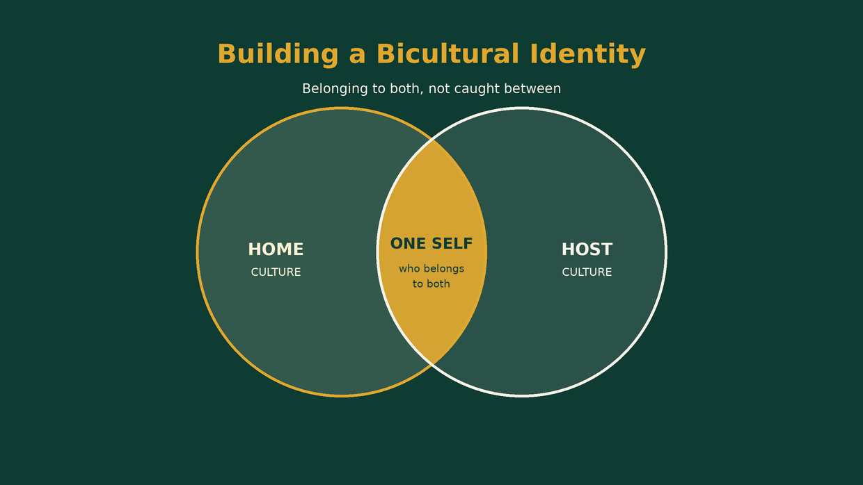 Two overlapping circles labeled Home Culture and Host Culture meeting in a gold center reading One Self, showing an expat's bicultural identity belonging to both cultures at once.