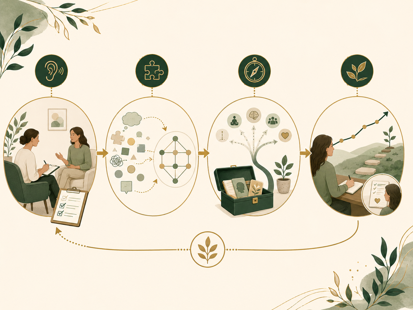 infographic showing the clinical psychology process flowing through four stages: listening and assessment, connecting patterns into a formulation, selecting psychological treatment, and reviewing progress