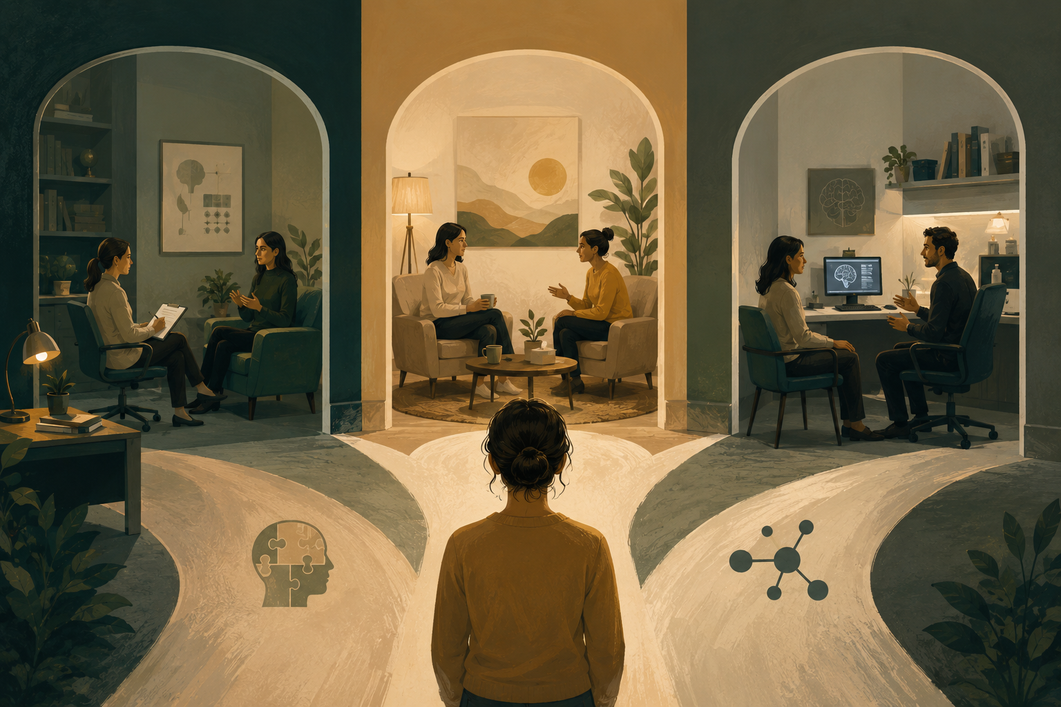 illustration showing one person choosing between three supportive professional paths: a clinical psychologist focused on assessment and therapy, a therapist focused on emotional support, and a psychiatrist connected to medical care.