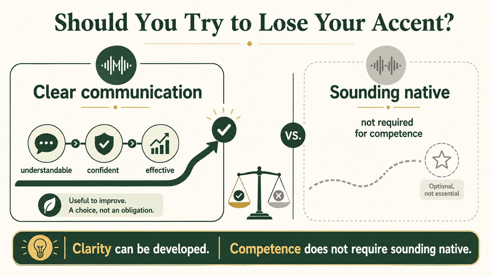 Infographic distinguishing improving communication clarity from trying to erase a foreign accent.