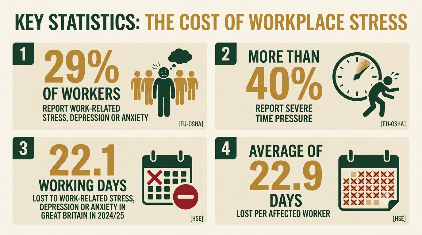 Infographic showing the prevalence, time pressure and working days lost because of work-related stress, depression and anxiety.