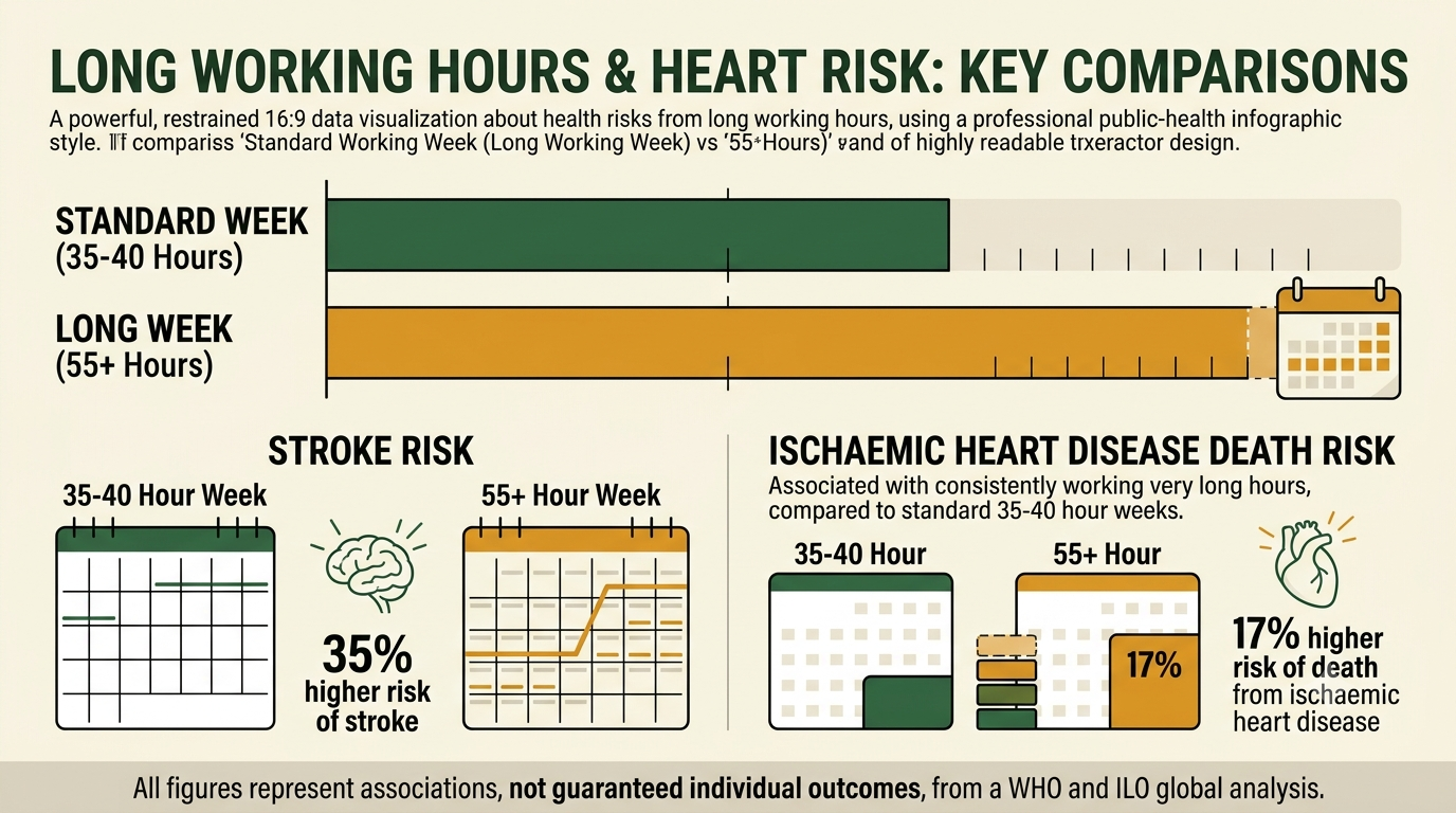 Comparison graphic showing the higher stroke and heart-disease risks associated with working 55 hours or more each week.