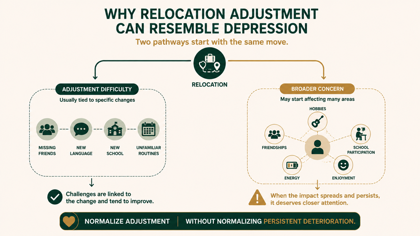 Conceptual infographic distinguishing relocation-specific adjustment difficulties from a broader pattern affecting multiple areas of a student's life.