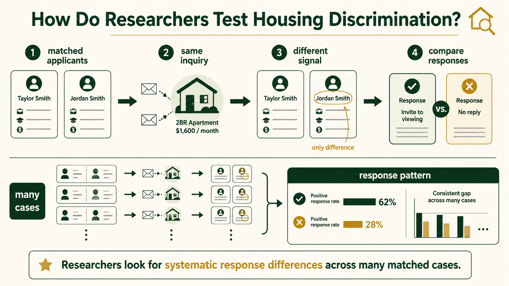 Infographic explaining how matched rental correspondence experiments are used to detect housing discrimination.
