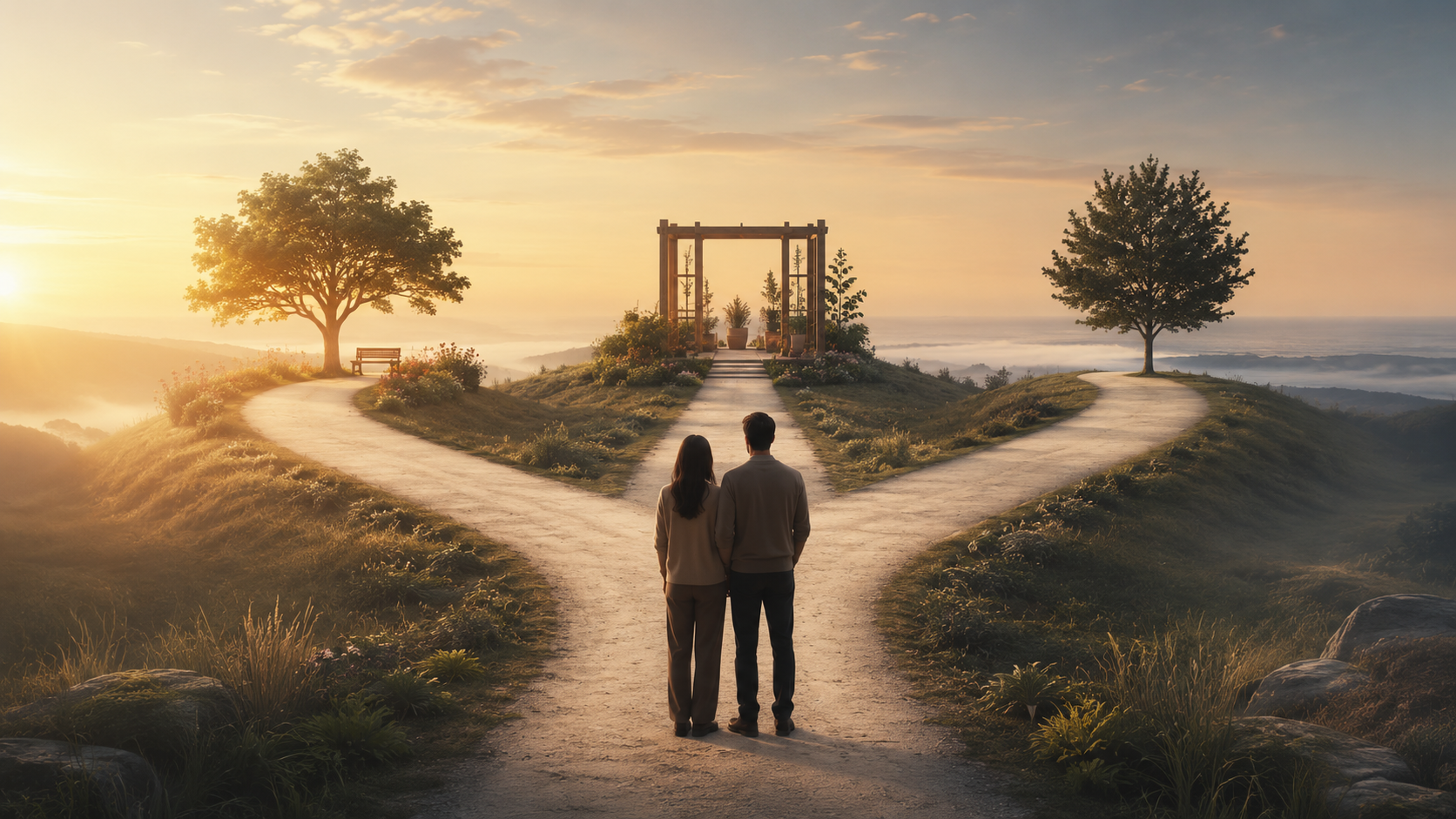 image showing one shared path dividing into three calm possibilities, reconnecting, rebuilding differently, or separating respectfully.