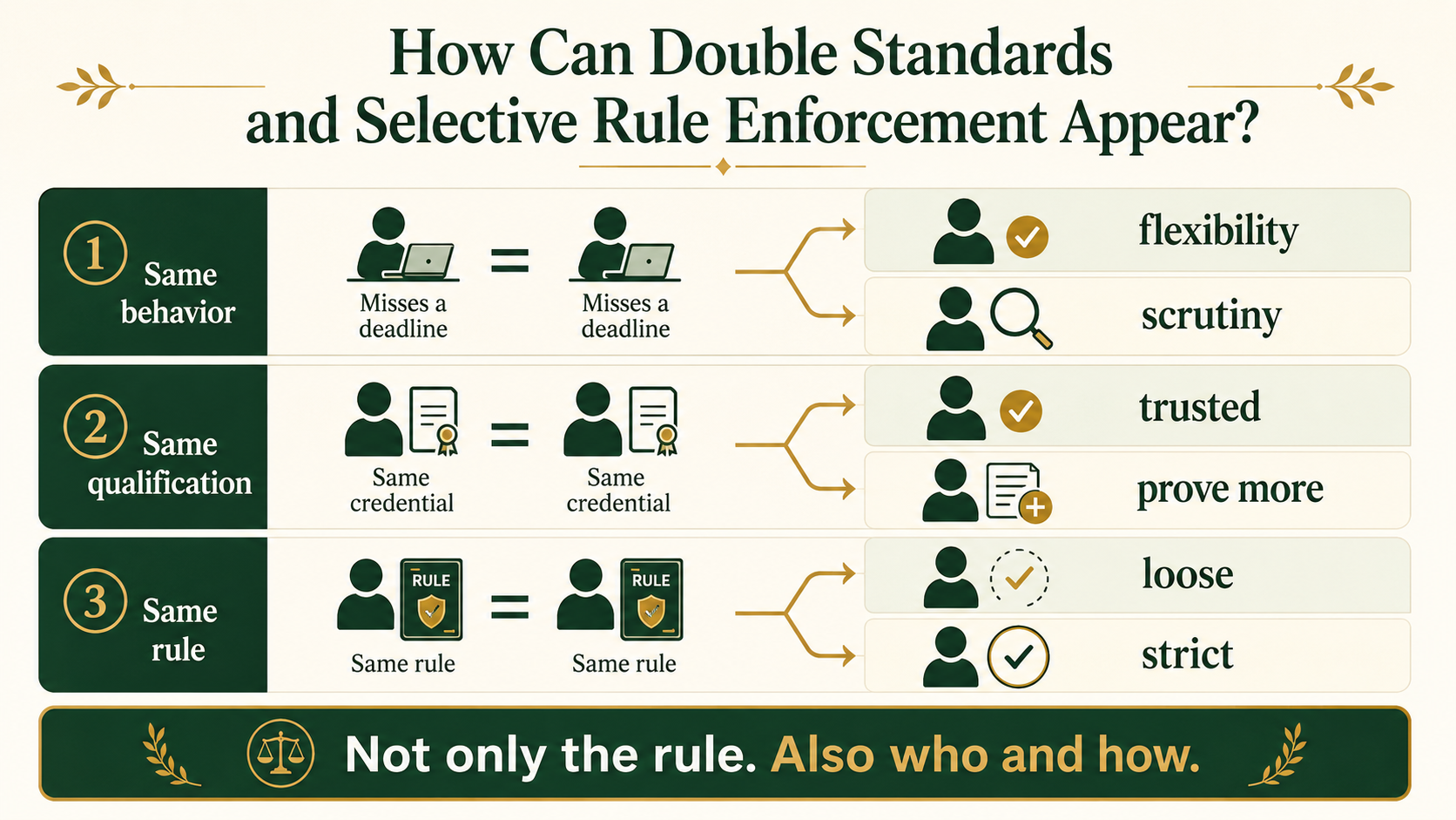 Infographic illustrating how the same rule or behavior can receive different treatment depending on the person.