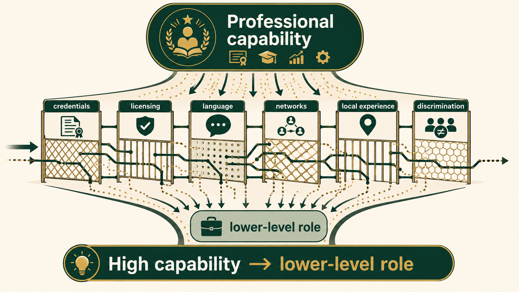 Infographic showing how credential recognition, licensing, language, networks, local experience and discrimination can contribute to professional overqualification abroad.