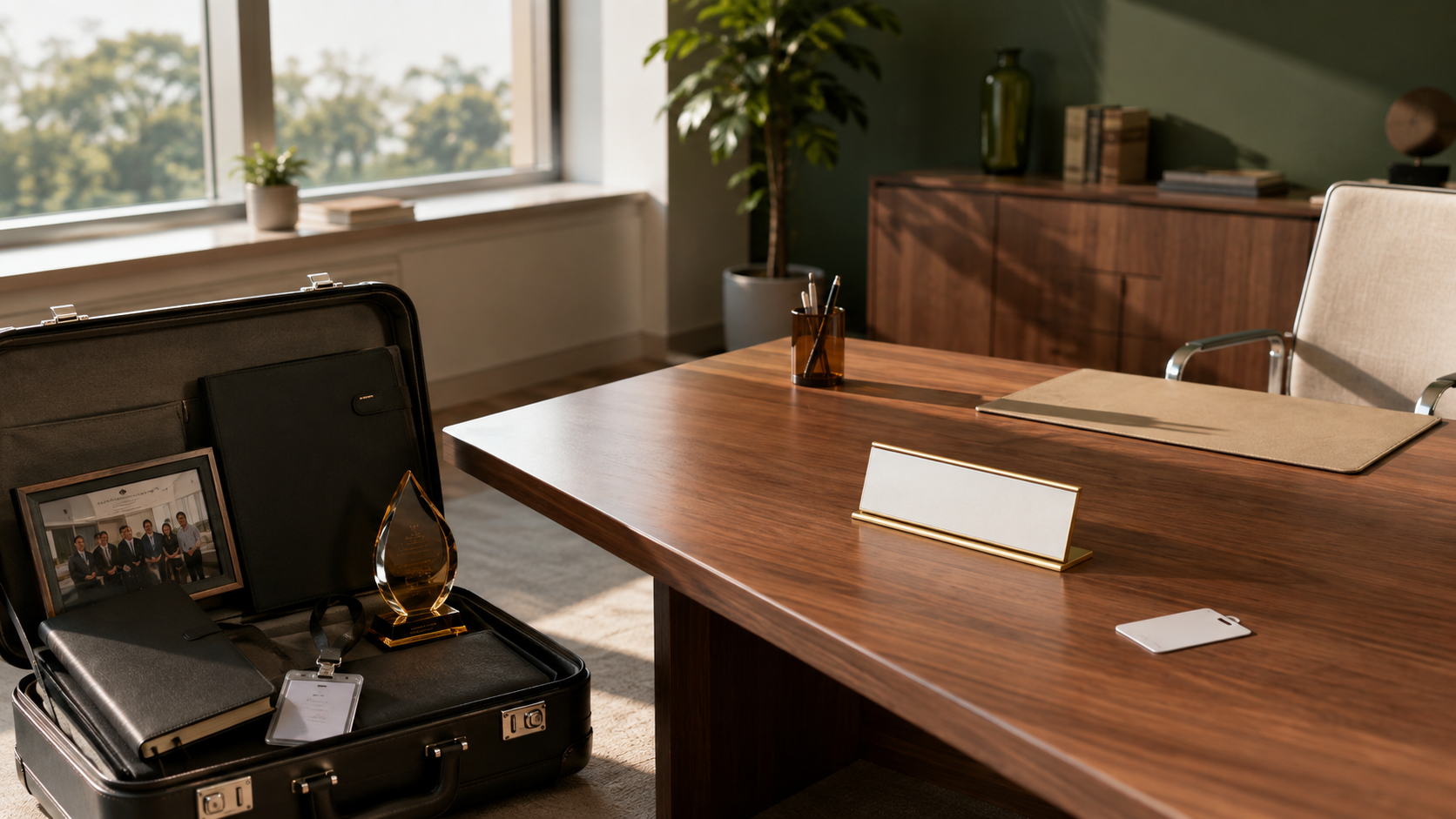 Open suitcase containing signs of past professional success beside a new and nearly empty office desk.