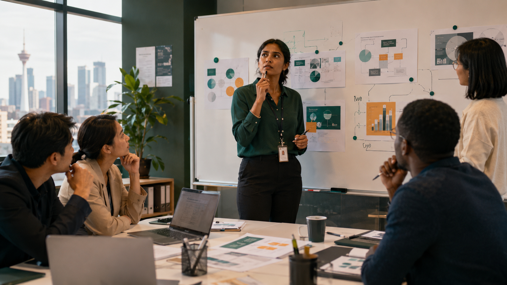 International employee speaking hesitantly while presenting strong professional ideas to an engaged workplace team.