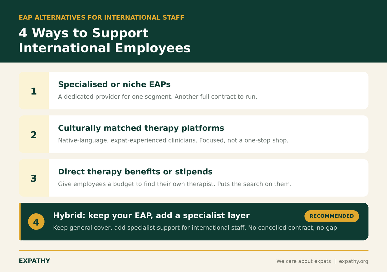 Four types of EAP alternative for international employees: specialised EAPs, culturally matched therapy platforms, direct therapy stipends, and a hybrid model combining an existing EAP with specialist support, shown as the recommended option