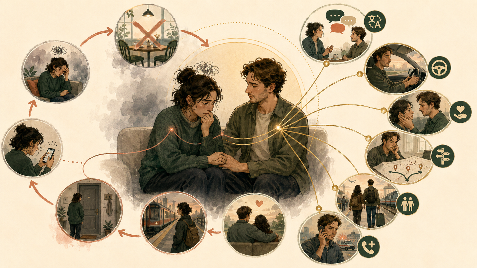 Visual showing how an anxious expat may increasingly depend on their partner for reassurance, decisions and daily safety.