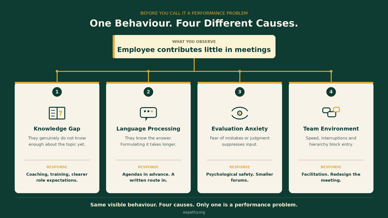 Diagnostic tree showing four possible causes of an international employee contributing little in meetings: knowledge gap, language processing demand, evaluation anxiety and team environment, each with a different recommended response.