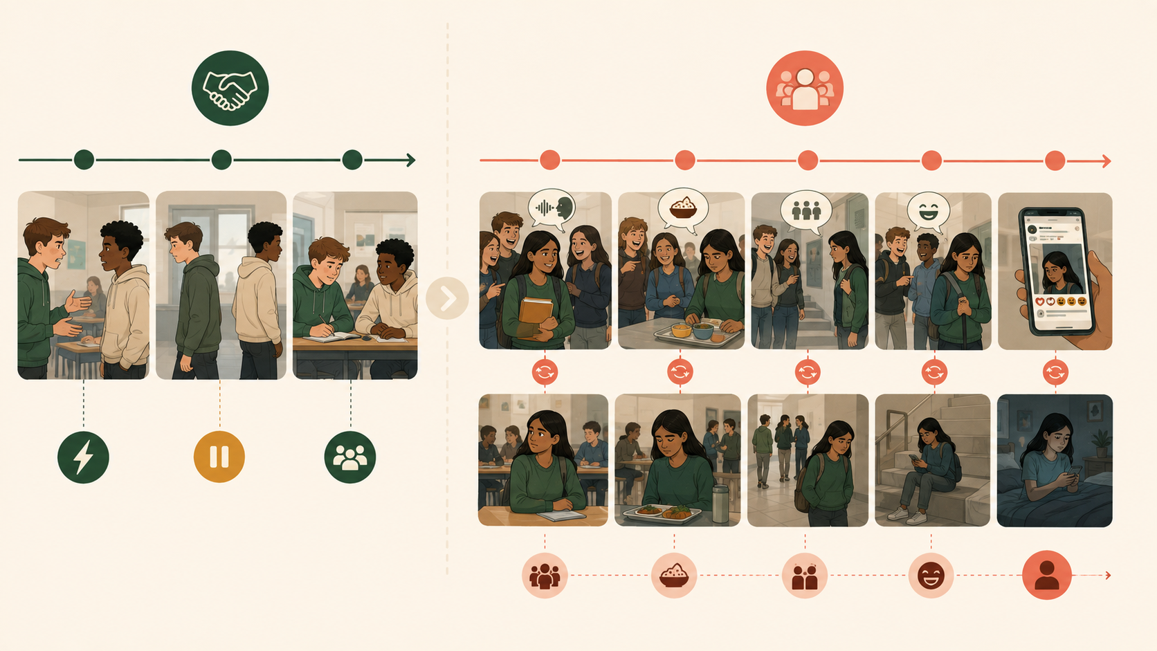 Visual comparison between an isolated school conflict and repeated cultural bullying linked to identity.
