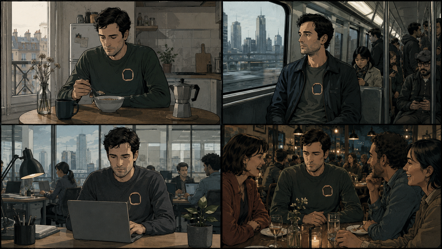 graphic-novel-style sequence showing the same person moving mechanically through breakfast, commuting, working, and meeting friends. Their body continues through the routine while a small empty space remains where emotion or enjoyment should be.