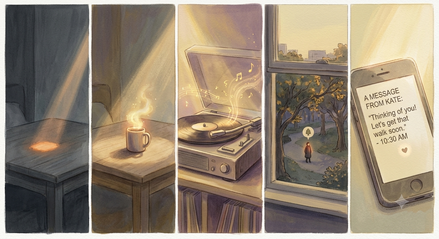 visual metaphor using a dark room where tiny points of warmth begin returning through ordinary moments