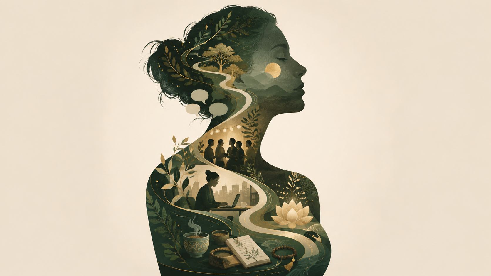 Conceptual illustration showing different cultural experiences and life roles becoming integrated into one evolving sense of identity.