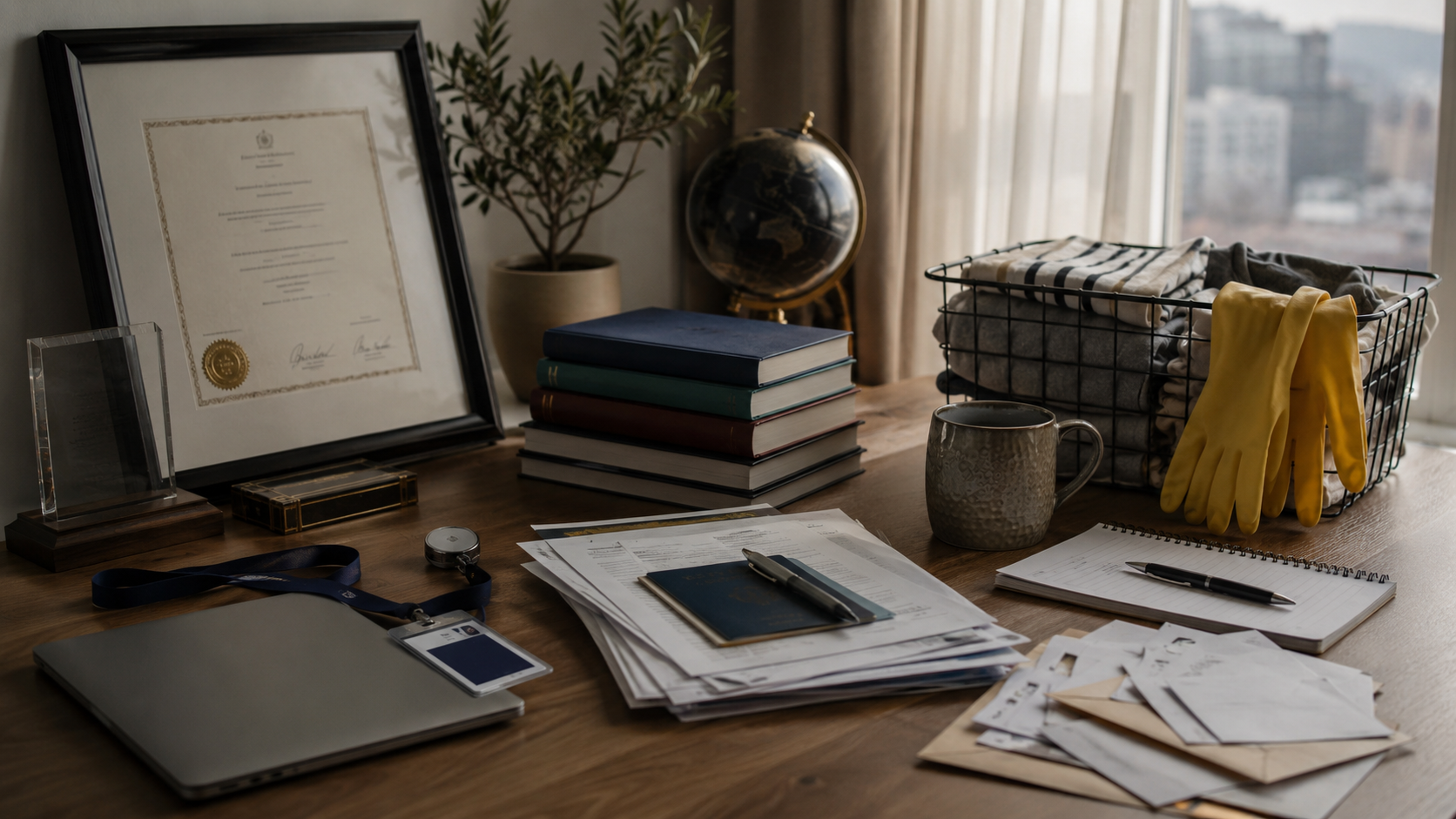 a framed professional certificate, an old work badge, and a closed laptop beside language textbooks, visa paperwork, and unpaid household tasks.