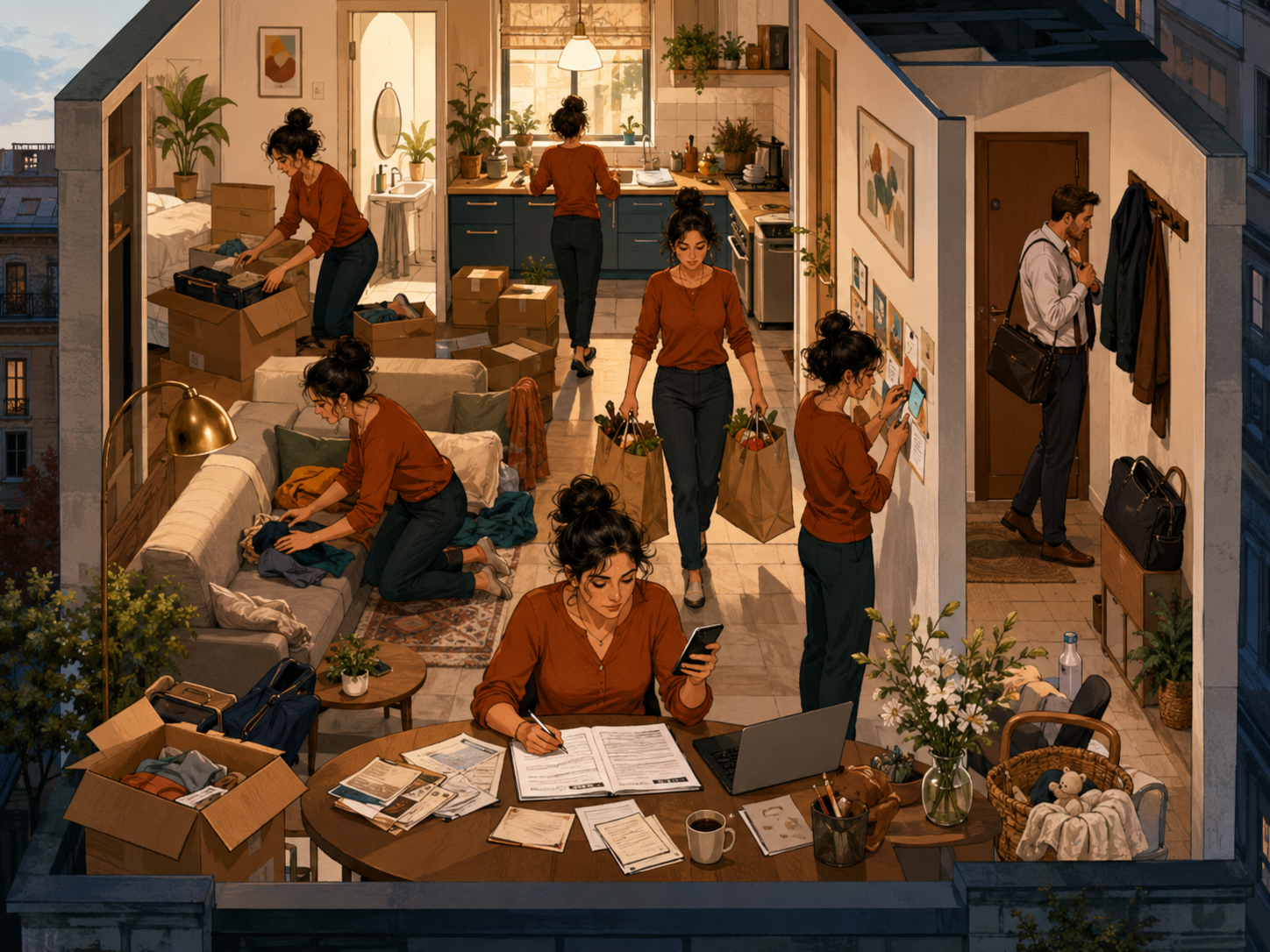 cutaway-style illustrated apartment showing one woman simultaneously managing school forms, appointments, groceries, moving boxes, and family messages while her partner prepares for work.