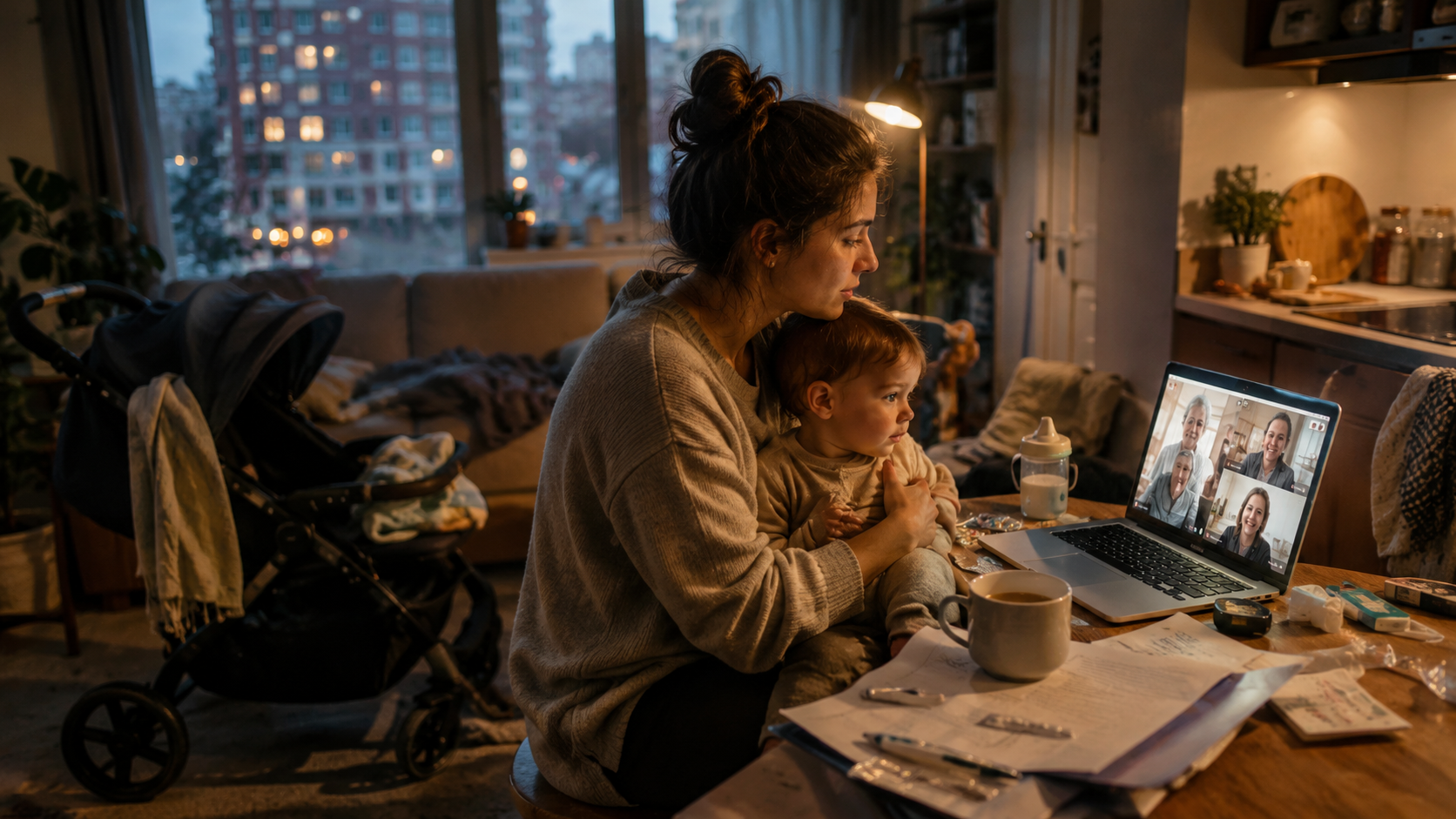 a mother caring for a young child in an unfamiliar apartment while speaking with family through a glowing video call.